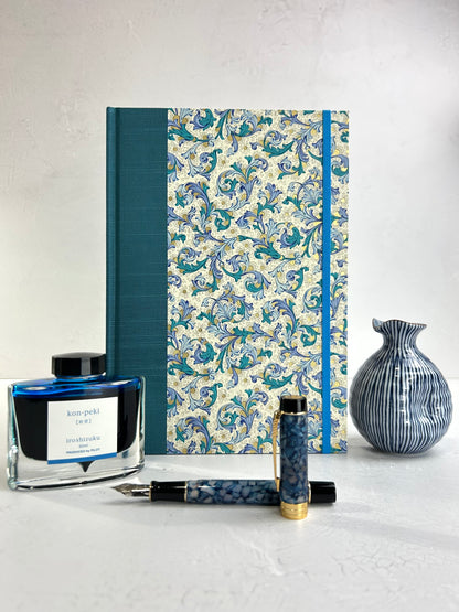 B5 192-page Hardcover Journal finished in in Marine Blue Japanese book cloth and blue paisley Florentine Italian print