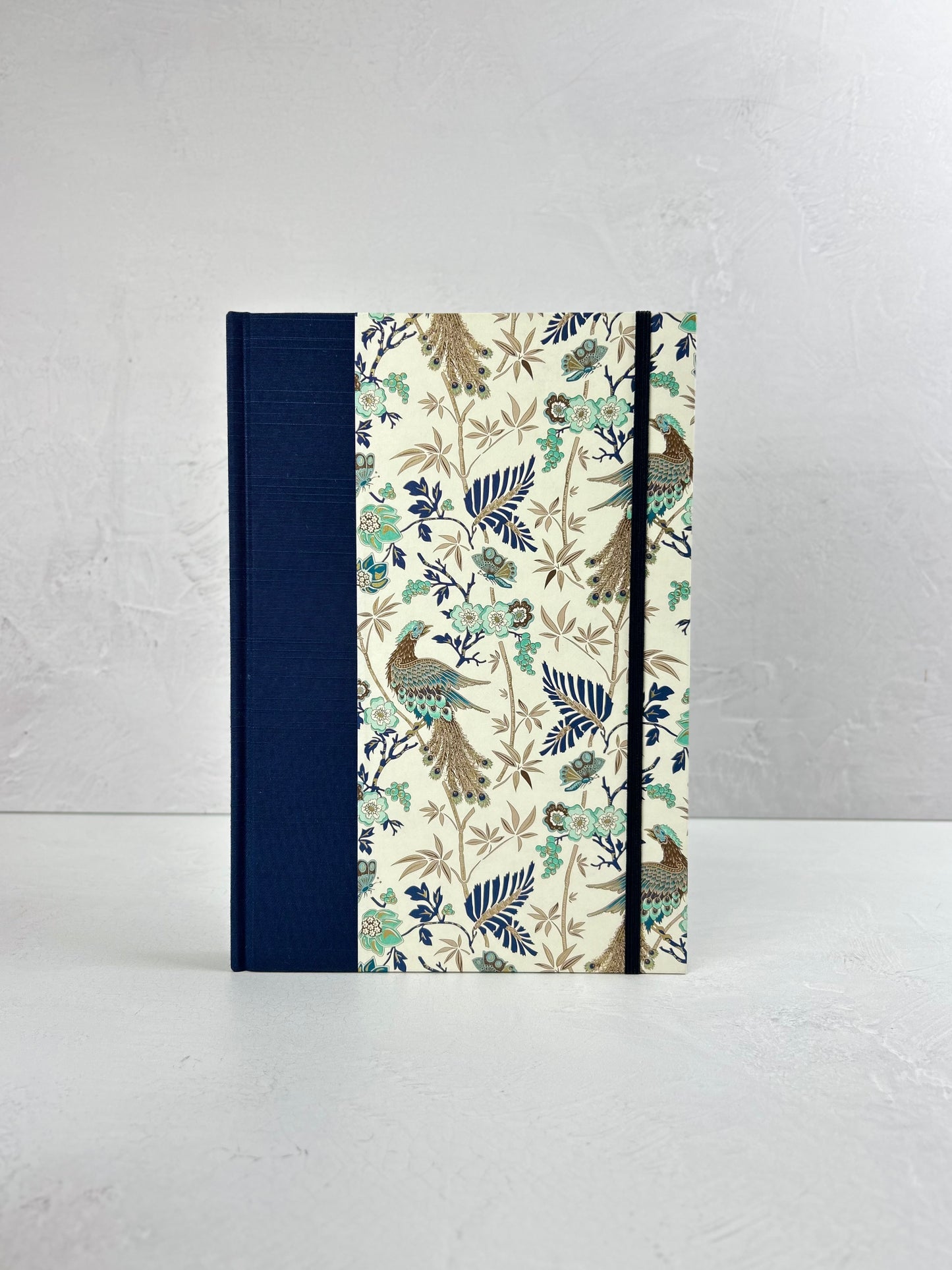 B5 Hardcover Notebook finished in Cadette Blue Japanese book cloth and Gold Peacock Italian Print
