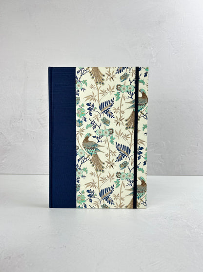 B5 Hardcover Notebook finished in Cadette Blue Japanese book cloth and Gold Peacock Italian Print