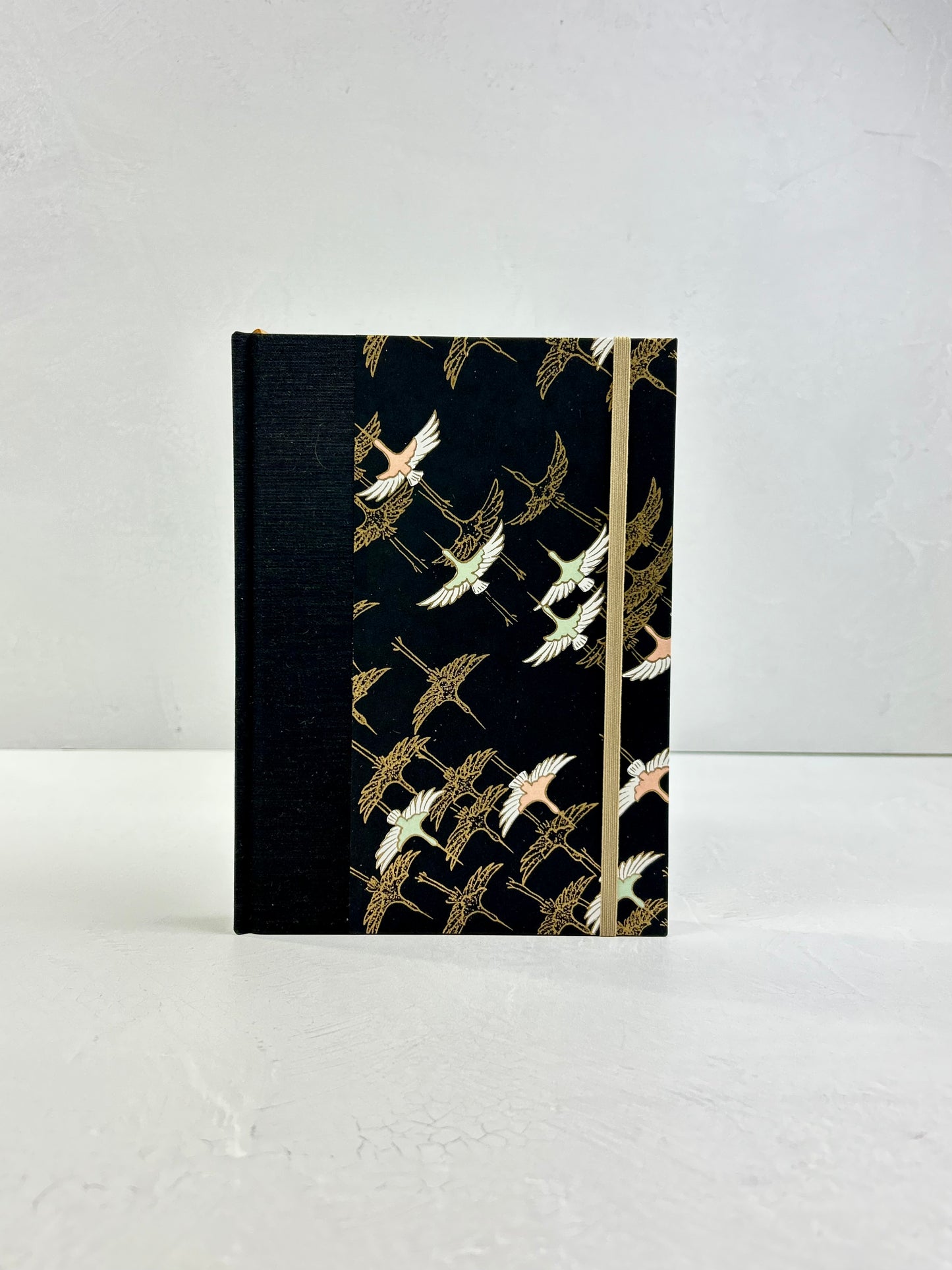 A5 160-page Hardcover Journal finished in Mohair Black Japanese book cloth and Gold Cranes Vintage Chiyogami