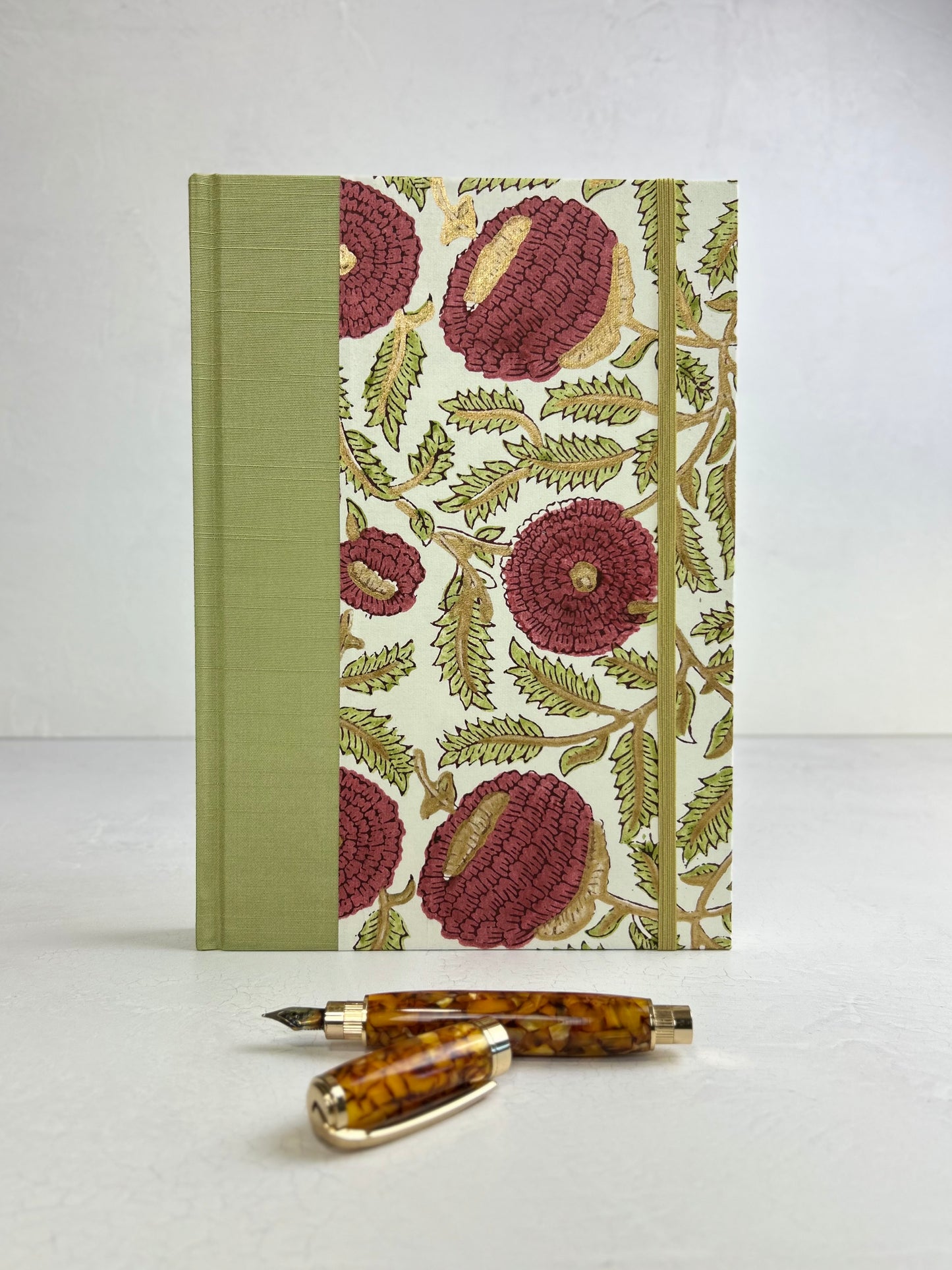 B5 192-page Hardcover Journal finished in Celery Japanese book cloth and Red Floral Chiyogami Paper
