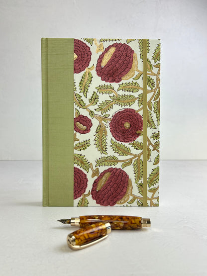 B5 192-page Hardcover Journal finished in Celery Japanese book cloth and Red Floral Chiyogami Paper