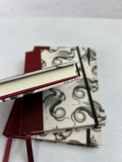 NEW A5 Hardcover Notebook finished in Blood Red Japanese book cloth and Italian Medieval Letterpress Dragons Paper
