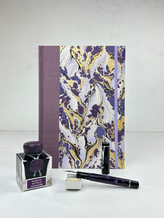 NEW B5 192-page Hardcover Journal finished in plum Japanese book cloth and hand marbled paper by Renato Crepaldi