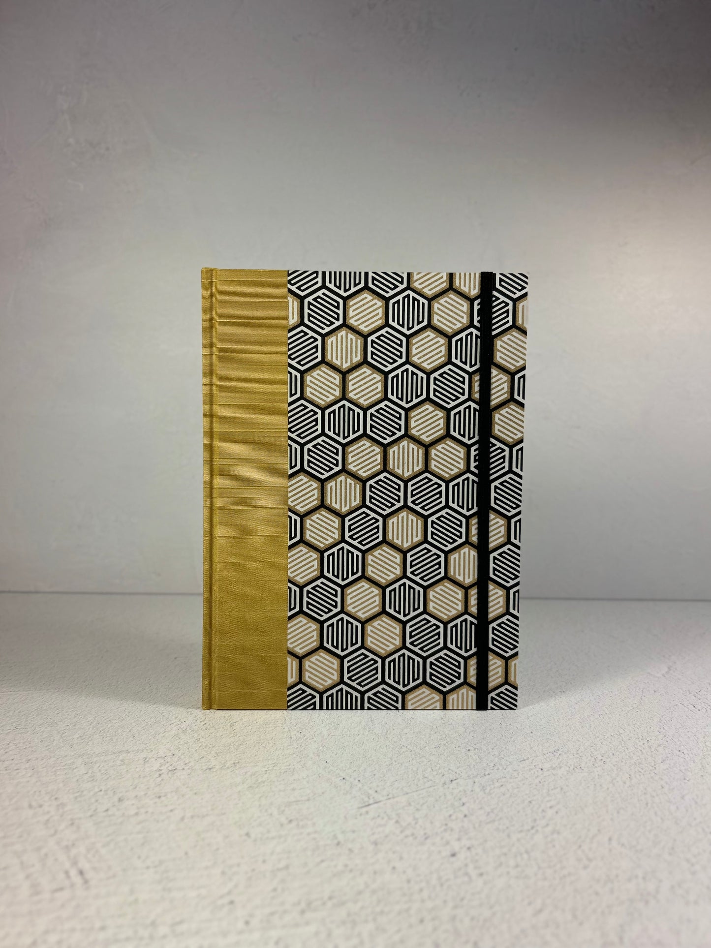A5 Hardcover Notebook finished in Yellow and Black Honeycomb Chiyogami Paper