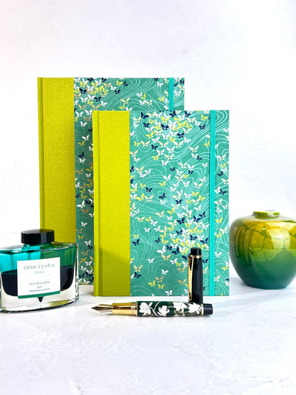 A5 160-page Hardcover Journal finished in Lemongrass Verona book cloth and Butterfly Chiyogami Paper