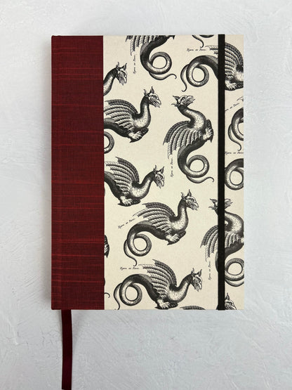 NEW A5 Hardcover Notebook finished in Blood Red Japanese book cloth and Italian Medieval Letterpress Dragons Paper