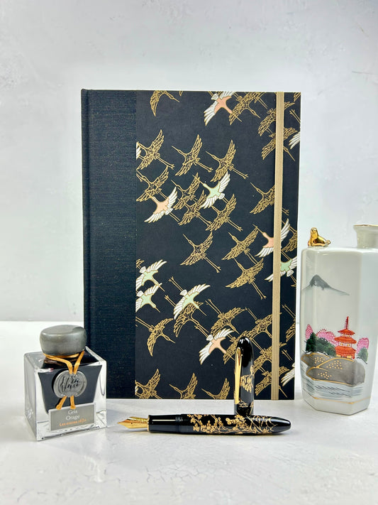 B5 192-page Hardcover Journal finished in Mohair Black Japanese book cloth and Gold Cranes Vintage Chiyogami