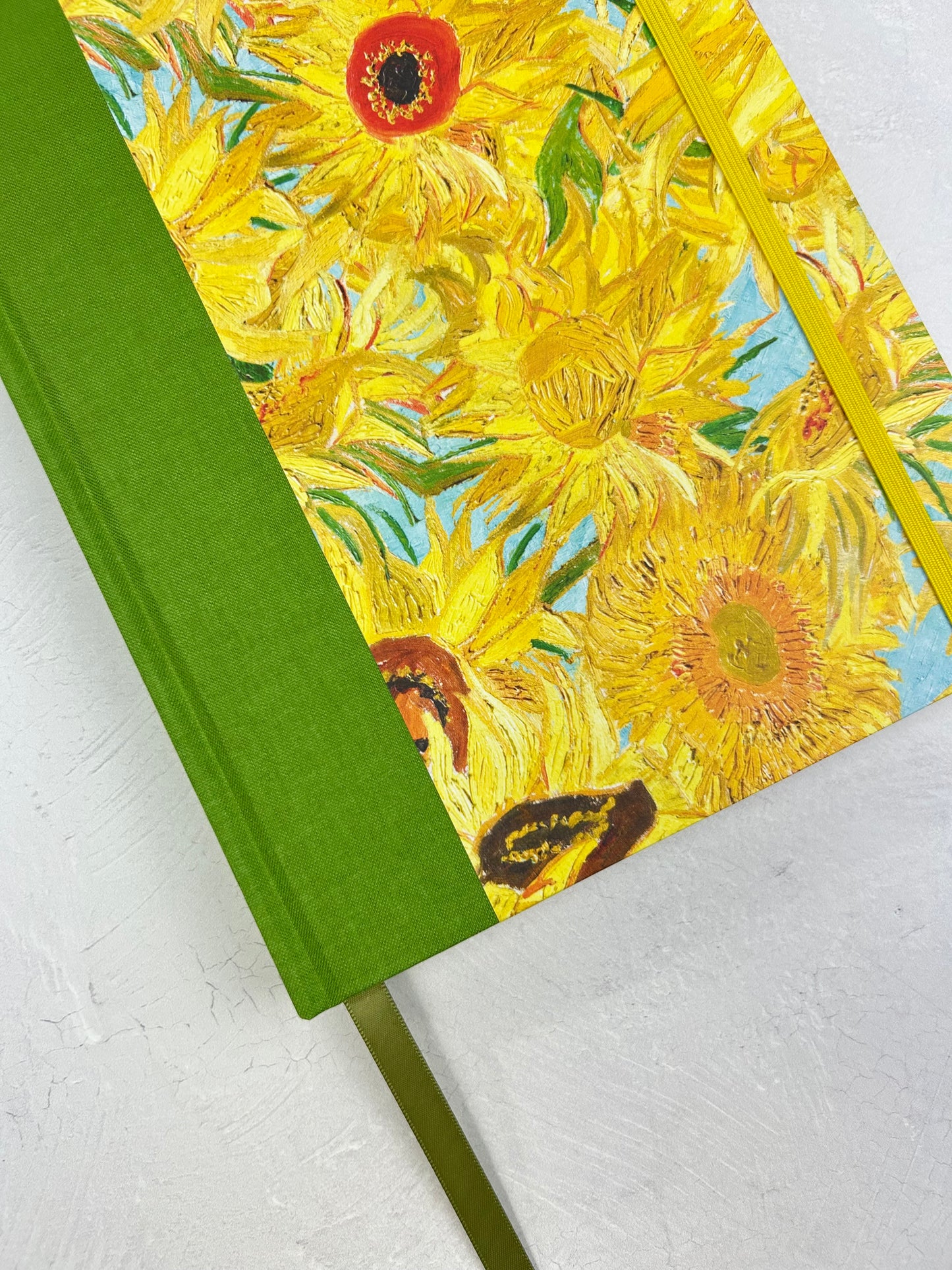A5 160-page Hardcover Journal finished in Lemon Grass Green Verona book cloth and Sunflowers by Vincent Van Gogh