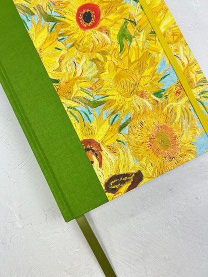 A5 160-page Hardcover Journal finished in Lemon Grass Green Verona book cloth and Sunflowers by Vincent Van Gogh