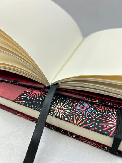(JANUARY 2026 DELIVERY) B5 Hardcover Notebook finished in Rust Blue Japanese book cloth and Chiyogami Fireworks on Black