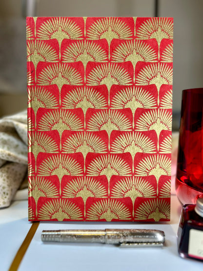 Silkscreened Gold Cranes on Red Lokta, Handcrafted B5 Hardcover Notebook