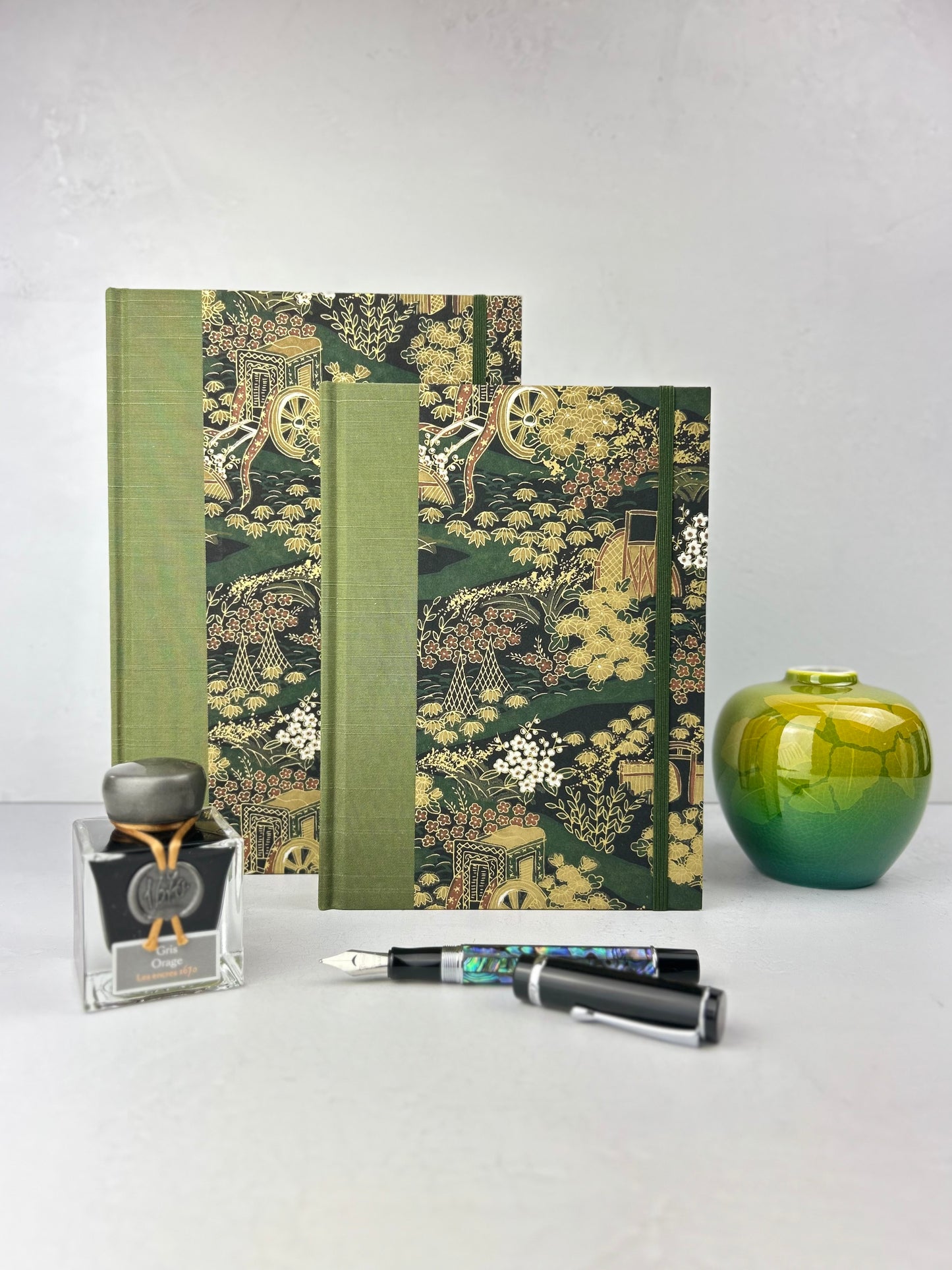B5 Hardcover Notebook finished in Olive Green Japanese book cloth and Vintage Chiyogami Paper