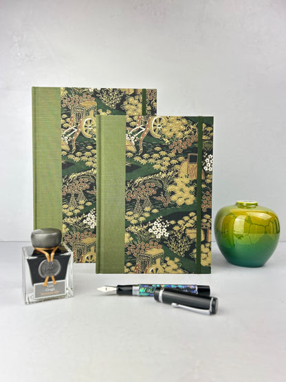 B5 Hardcover Notebook finished in Olive Green Japanese book cloth and Vintage Chiyogami Paper