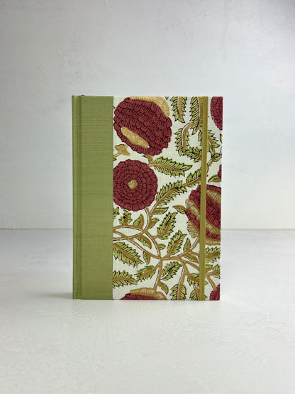 A5 160-page Hardcover Journal finished in Celery Japanese book cloth and Red Floral Chiyogami Paper