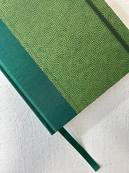 (PRE-ORDER OCTOBER DELIVERY) A5 Hardcover Notebook with Golden Polka Dots on Green Chiyogami Paper