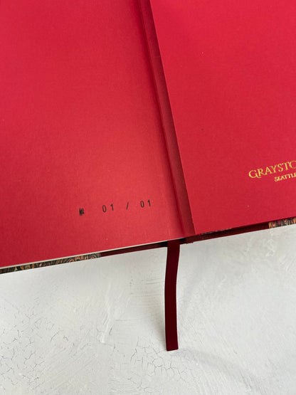 B5 192-page Hardcover Journal finished in Maroon Japanese book cloth and wine/black French Marbled Paper