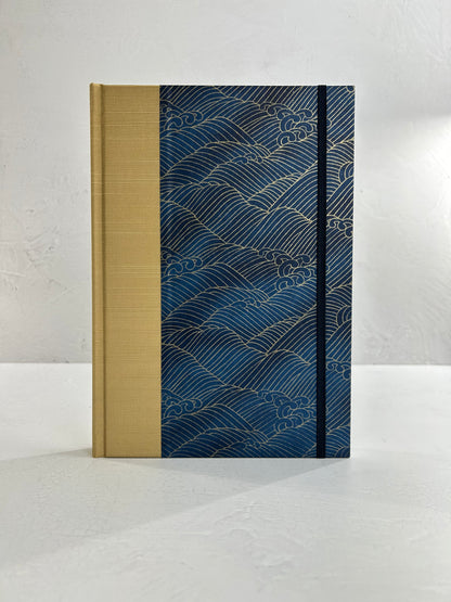 B5 192-page Hardcover Journal finished in soft gold Japanese book cloth and golden waves on blue Chiyogami Paper