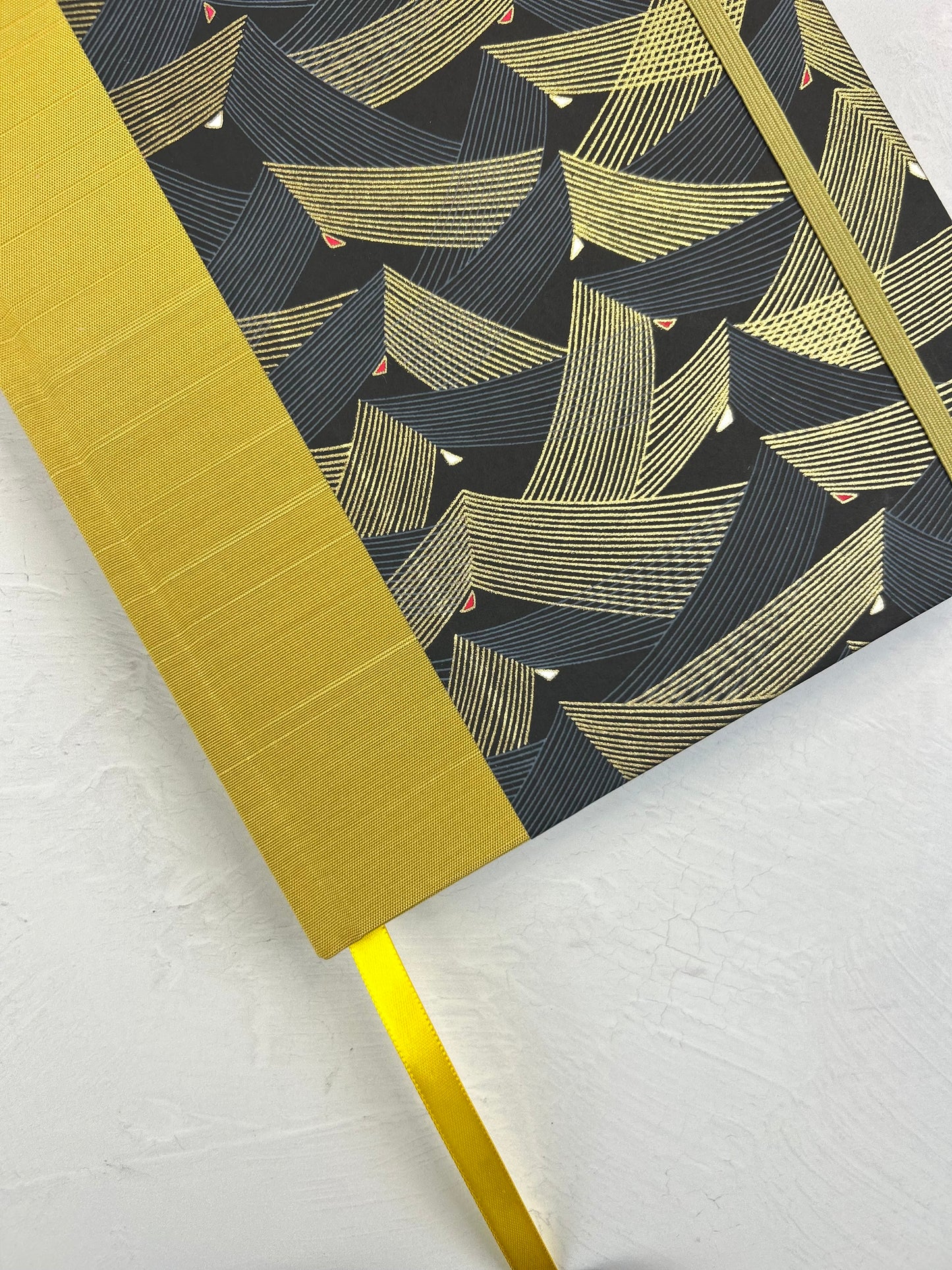 A5 160-page Hardcover Journal finished in Yellow Gold Japanese book cloth and Golden Peaks Chiyogami Decorative Paper