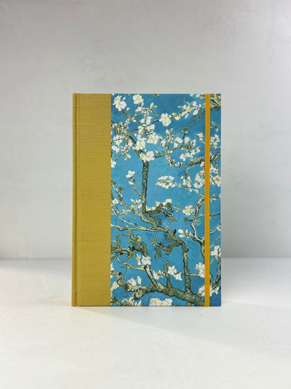B5 Hardcover Notebook finished in Yellow Gold Japanese book cloth and Vincent Van Gogh Almond Blossoms