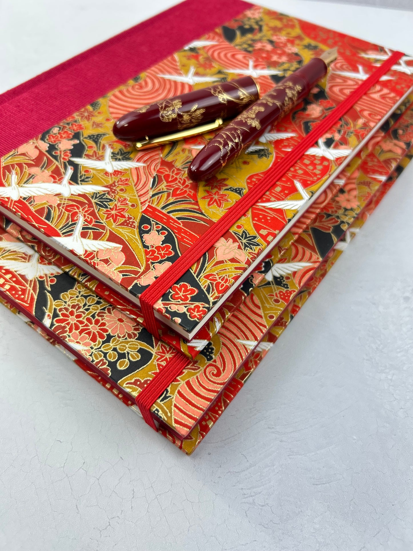 NEW B5 Hardcover Notebook finished in Cardinal Red Japanese book cloth and White Cranes on Red Chiyogami Paper