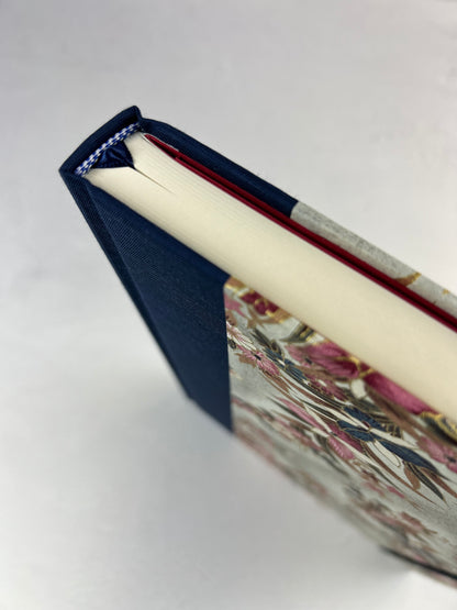 B5 192-page Hardcover Journal finished in Cadet Blue Japanese book cloth and Vintage Orchid Chiyogami Paper