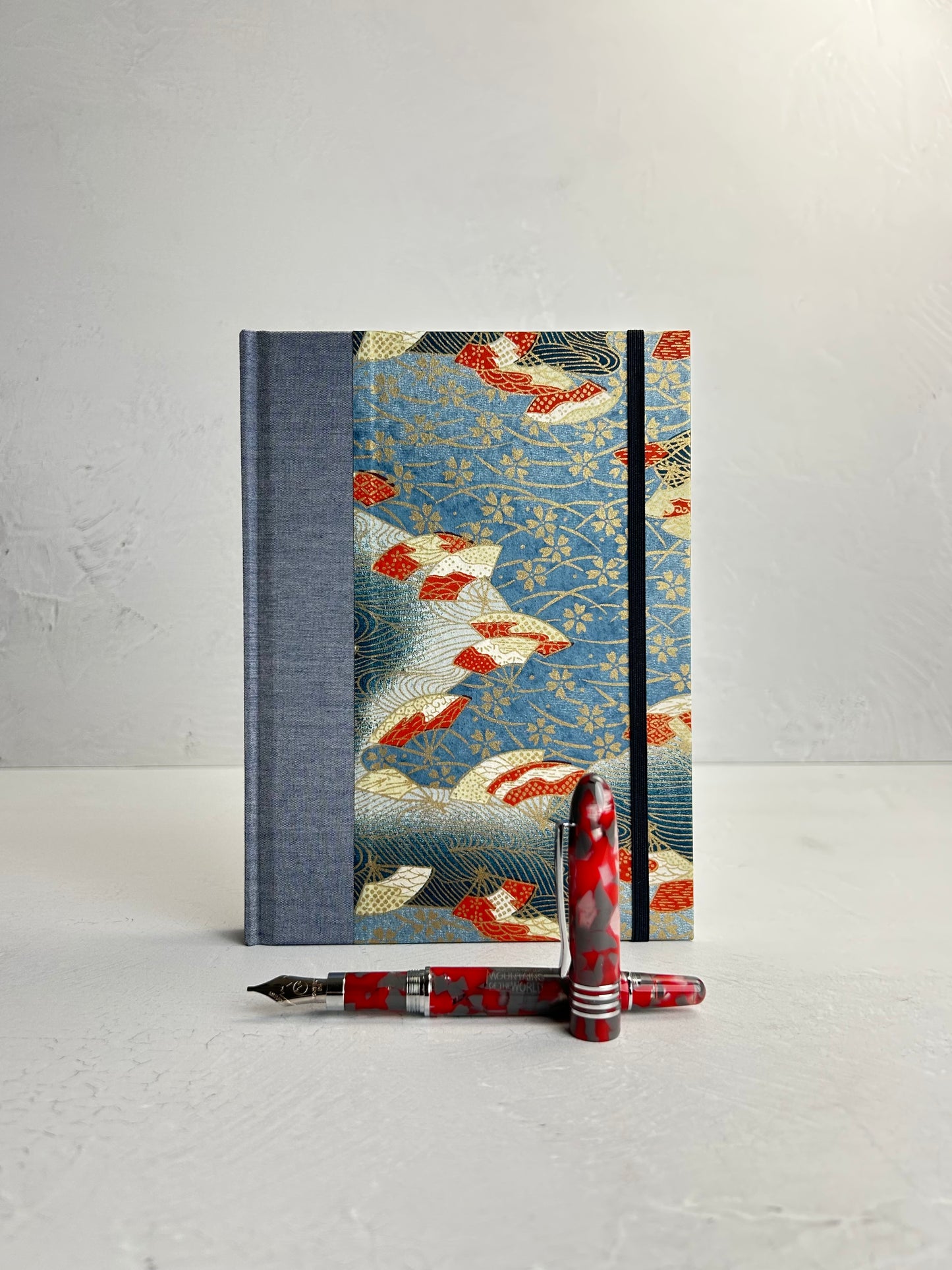 A5 160-page Hardcover Journal finished in Steel Blue Japanese book cloth and vintage Chiyogami Paper