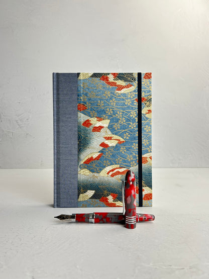 A5 160-page Hardcover Journal finished in Steel Blue Japanese book cloth and vintage Chiyogami Paper