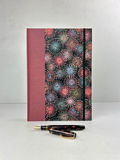 (JANUARY 2026 DELIVERY) B5 Hardcover Notebook finished in Rust Blue Japanese book cloth and Chiyogami Fireworks on Black