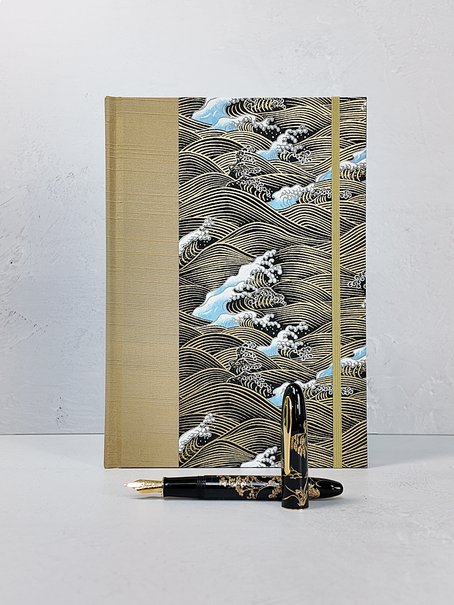 PRE-ORDER NEW B5 192-page Hardcover Journal finished in Soft Gold and Gold and Blue Waves Chiyogami Paper