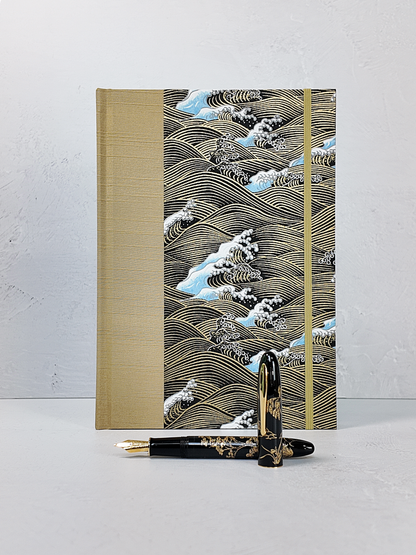 PRE-ORDER NEW B5 192-page Hardcover Journal finished in Soft Gold and Gold and Blue Waves Chiyogami Paper