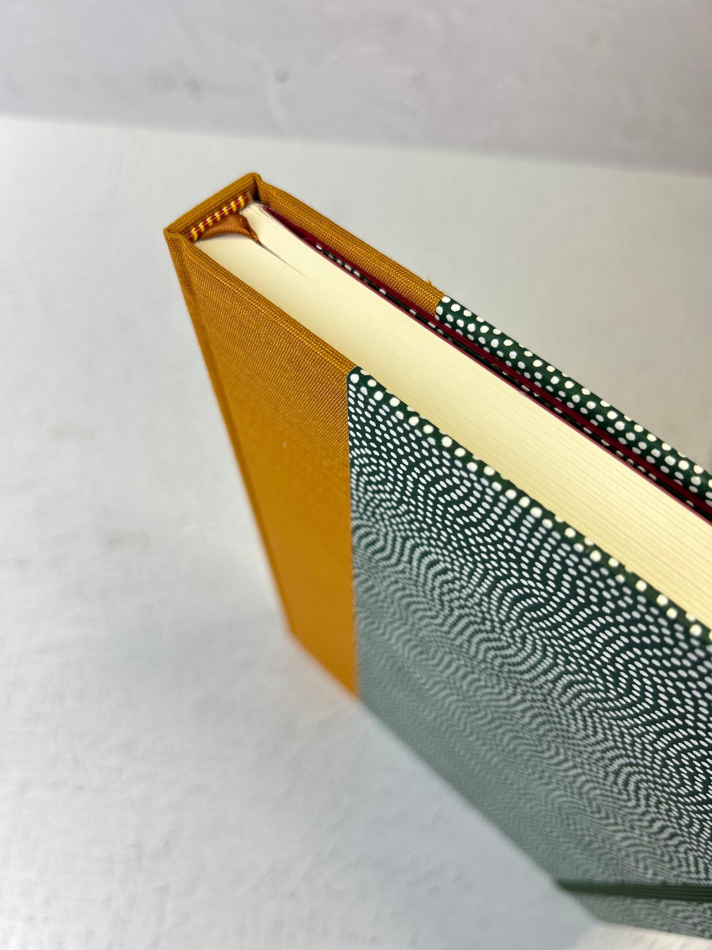 A5 Hardcover Notebook finished in White Polka Dots on Green Chiyogami Paper