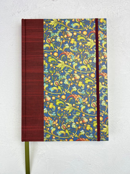 A5 160-page Hardcover Journal finished in Dark Red Japanese book cloth and Floral Italian Florentine Paper