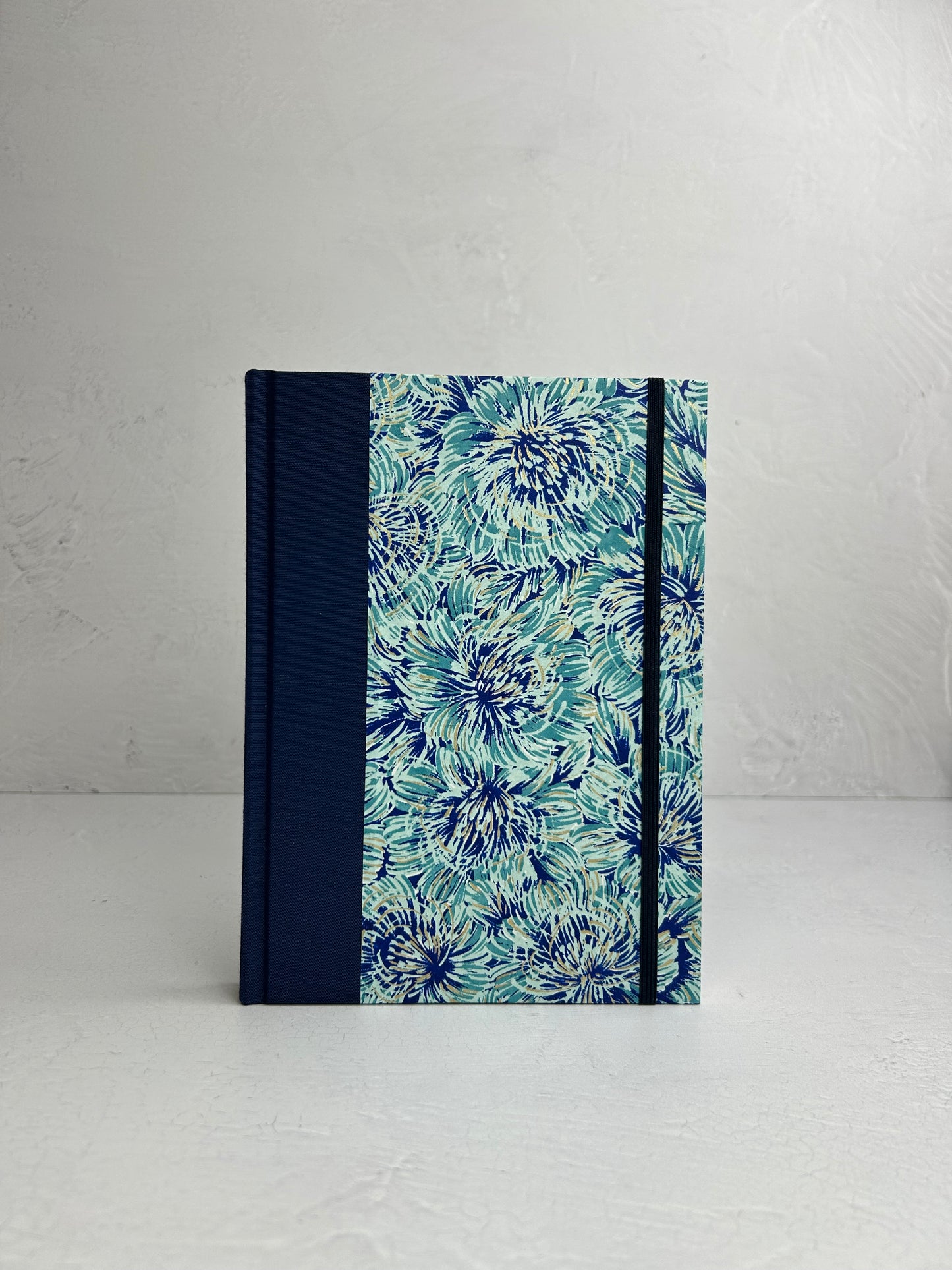 A5 160-page Hardcover finished in cadette blue Japanese book cloth and blue Peonies Chiyogami Paper