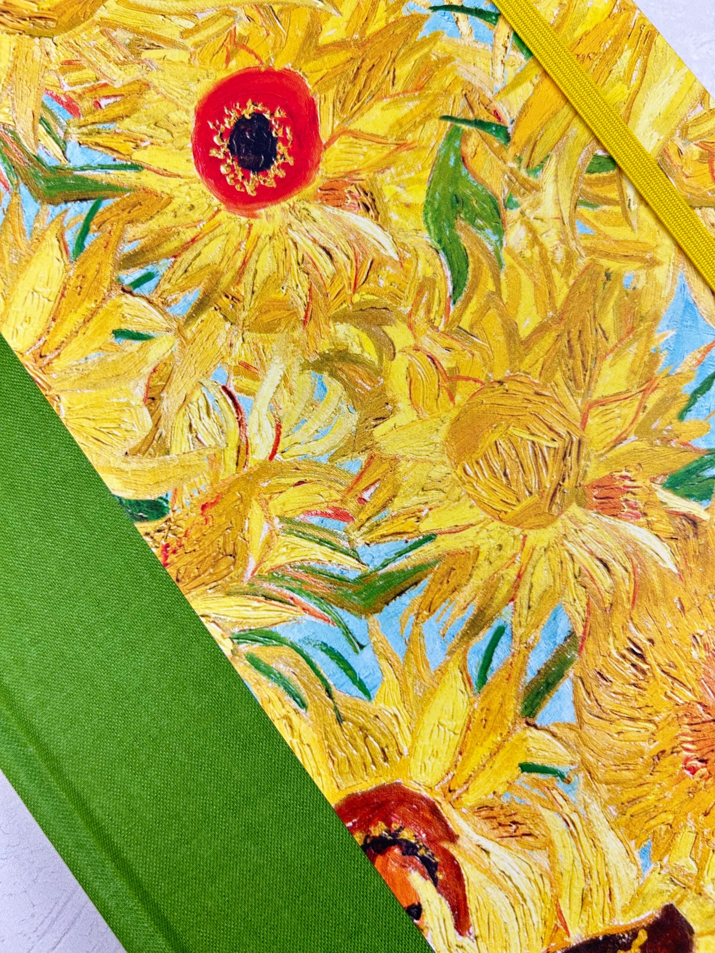 A5 160-page Hardcover Journal finished in Lemon Grass Green Verona book cloth and Sunflowers by Vincent Van Gogh