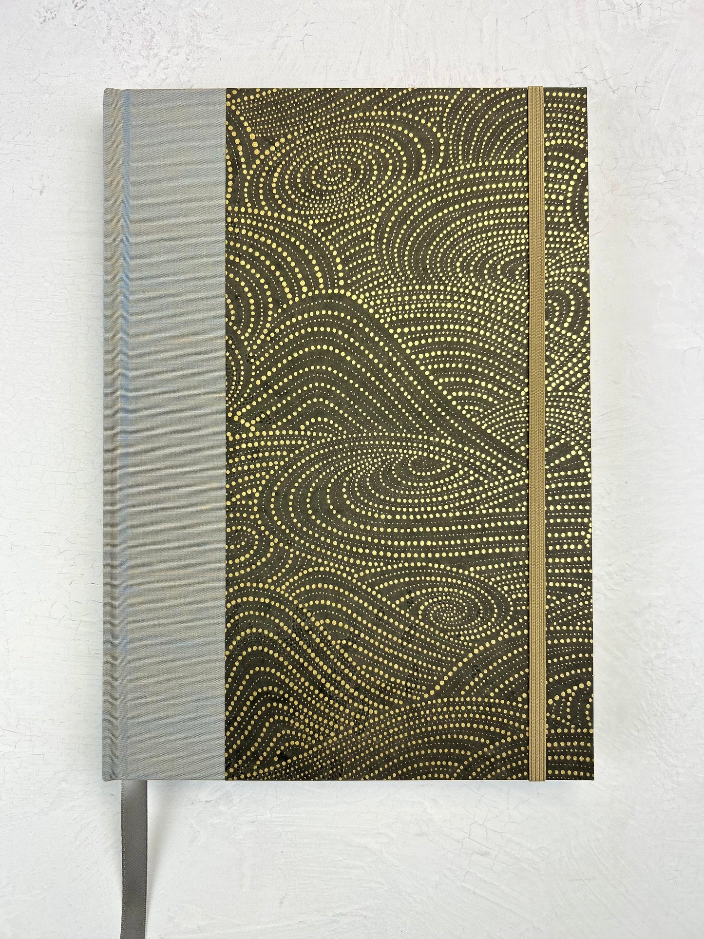 A5 160-page Hardcover Journal finished in Blue Gold Japanese book cloth and Gold on Bronze Chiyogami Decorative Paper