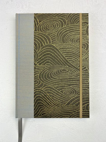 A5 160-page Hardcover Journal finished in Blue Gold Japanese book cloth and Gold on Bronze Chiyogami Decorative Paper