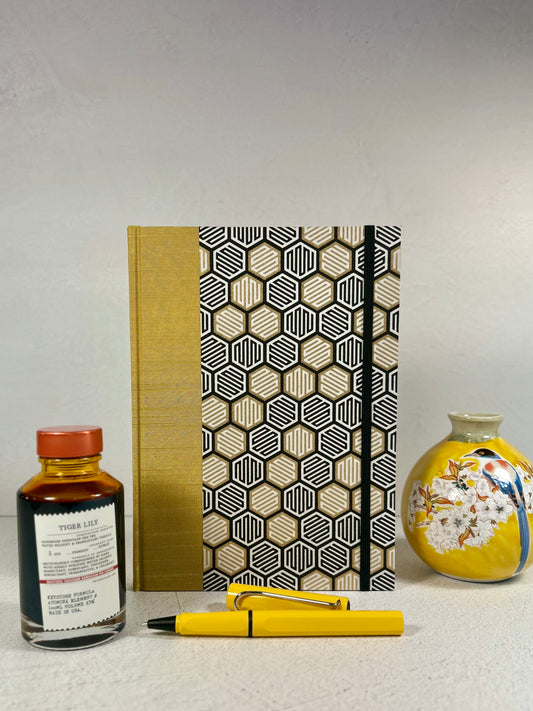 A5 Hardcover Notebook finished in Yellow and Black Honeycomb Chiyogami Paper