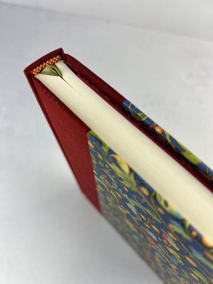 A5 160-page Hardcover Journal finished in Dark Red Japanese book cloth and Floral Italian Florentine Paper