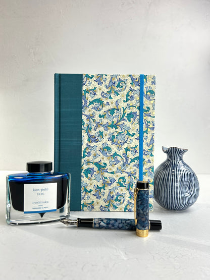 A5 160-page Hardcover Journal finished in Marine Blue Japanese book cloth and blue paisley Florentine Italian print