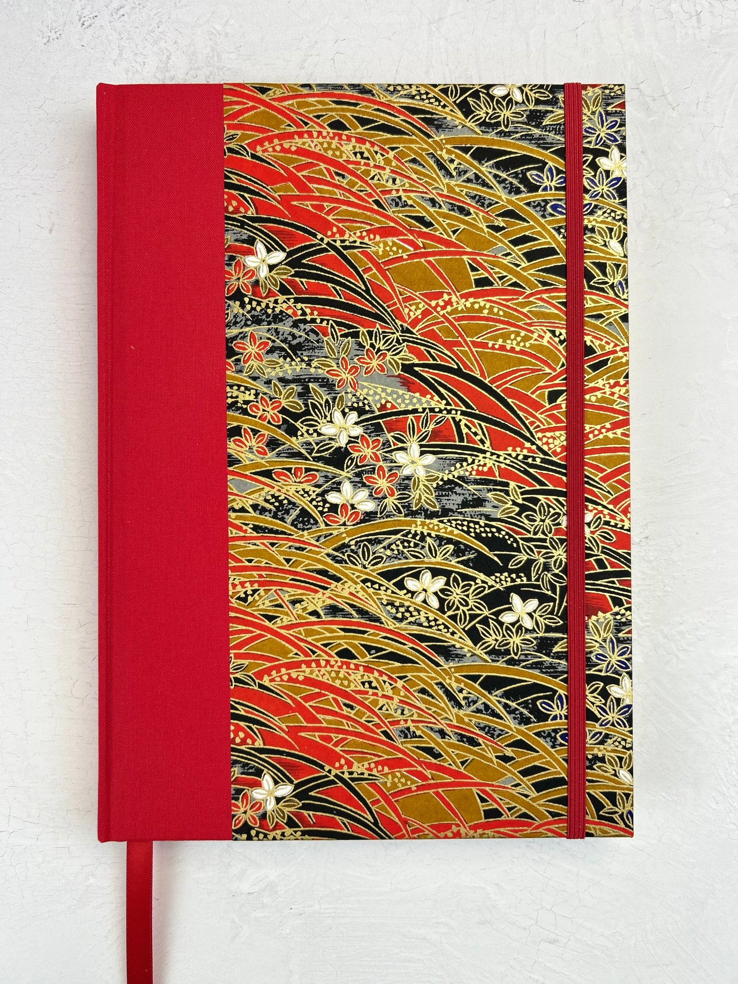 A5 160-page Hardcover Journal finished in Red Italian Verona book cloth and Vintage Floral Chiyogami Paper