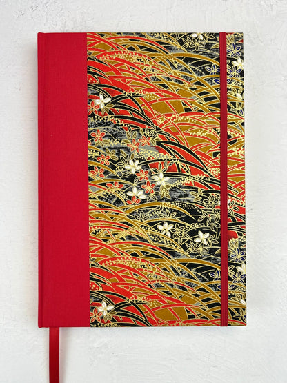 A5 160-page Hardcover Journal finished in Red Italian Verona book cloth and Vintage Floral Chiyogami Paper