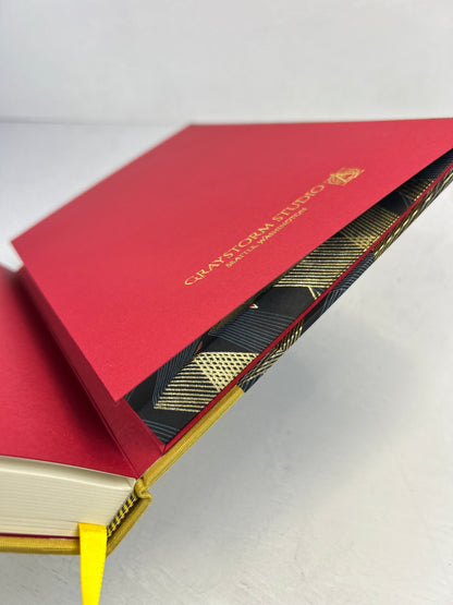 A5 160-page Hardcover Journal finished in Yellow Gold Japanese book cloth and Golden Peaks Chiyogami Decorative Paper