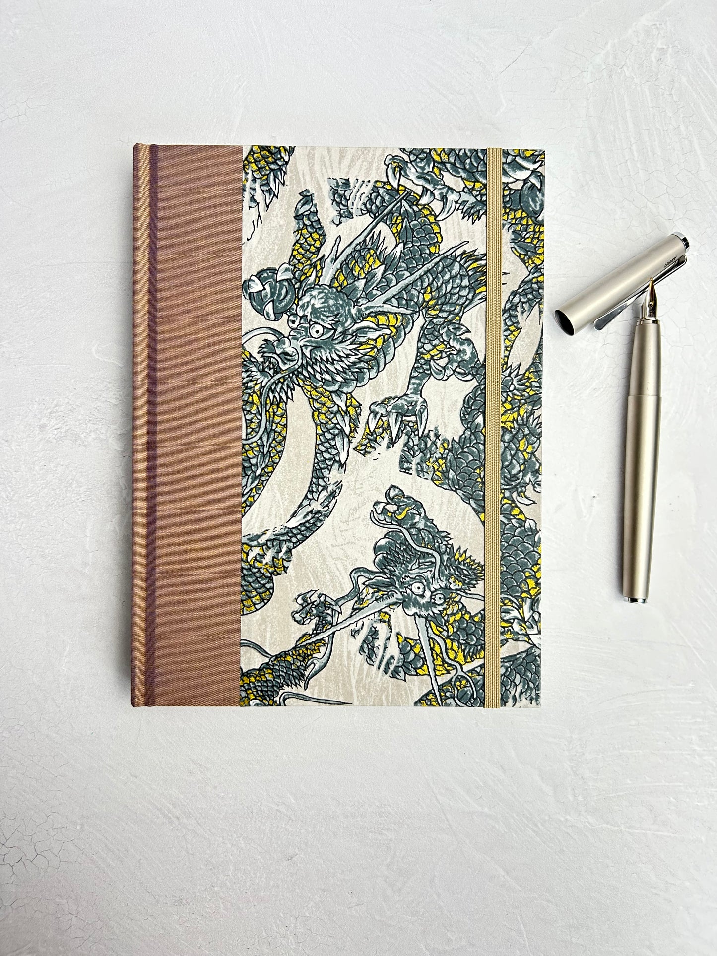 A5 160-page Hardcover Journal finished in Bronze Japanese book cloth and Dragon Chiyogami Paper