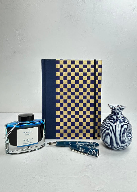 A5 160-page Hardcover Journal finished in Cadet Blue Japanese book cloth and Checkered Chiyogami Paper