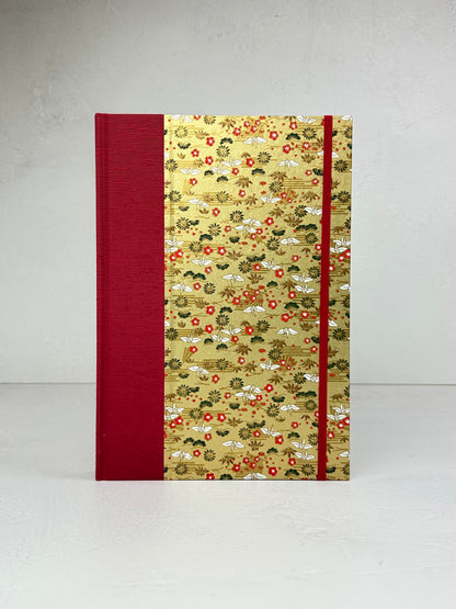B5 160-page Hardcover Journal finished in Cardinal Red Japanese book cloth and White Cranes on Gold Chiyogami Paper