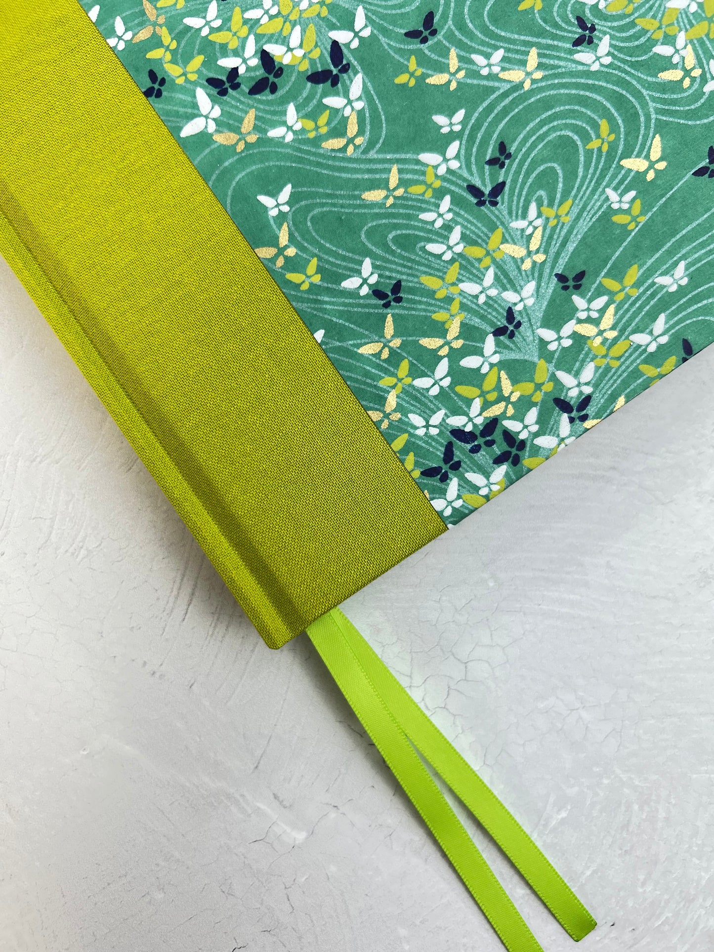 A5 160-page Hardcover Journal finished in Lemongrass Verona book cloth and Butterfly Chiyogami Paper