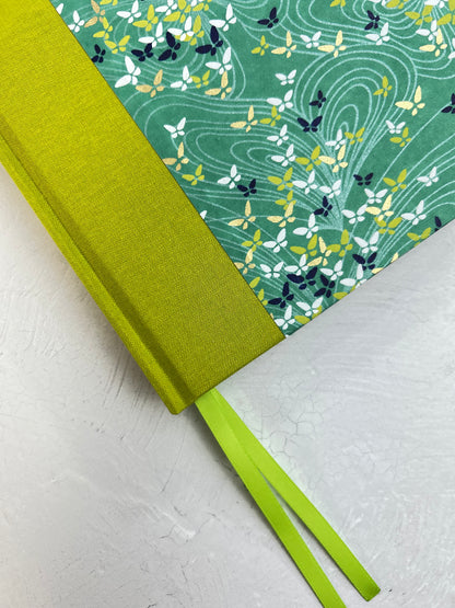 A5 160-page Hardcover Journal finished in Lemongrass Verona book cloth and Butterfly Chiyogami Paper