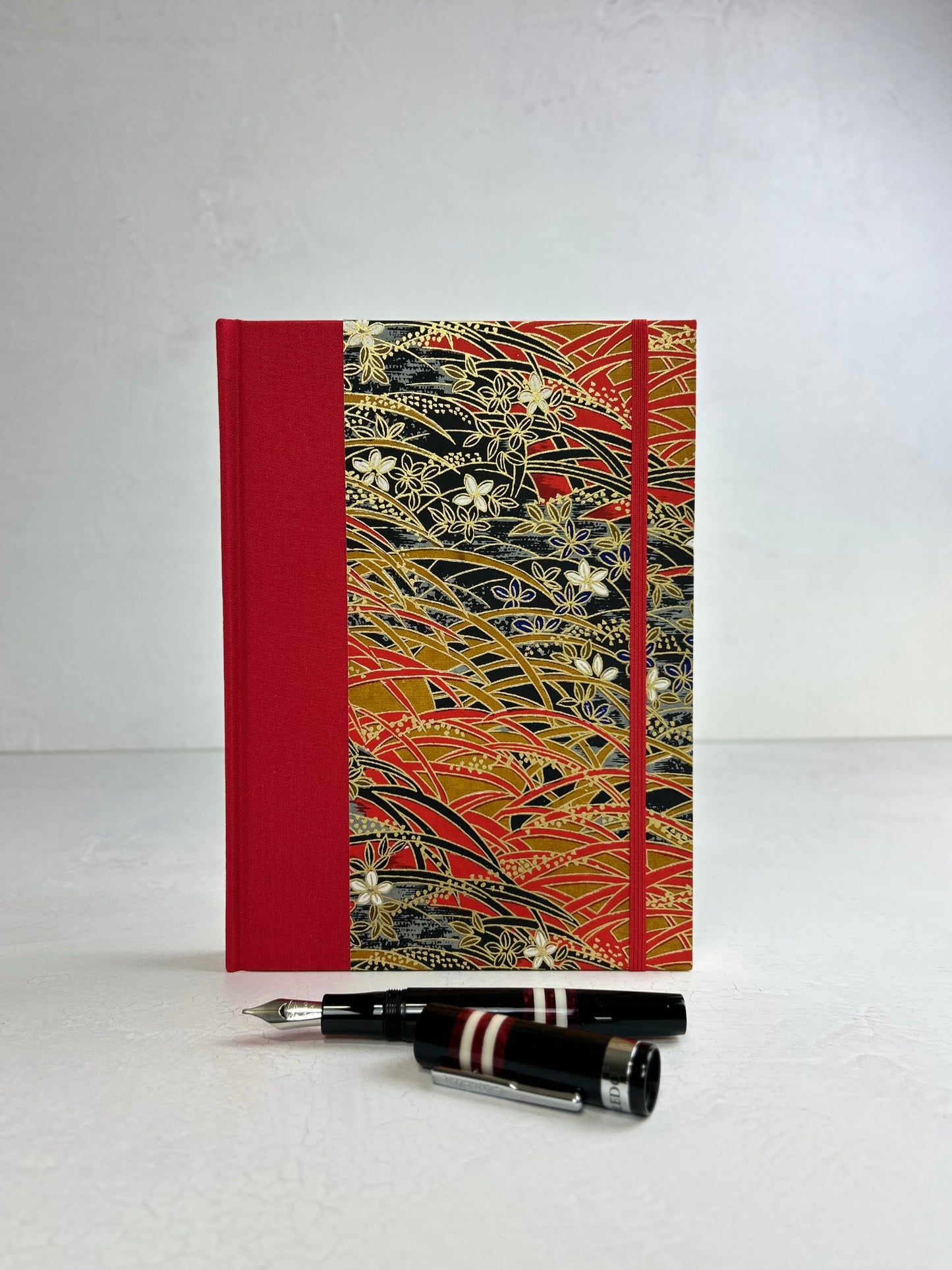 A5 160-page Hardcover Journal finished in Red Italian Verona book cloth and Vintage Floral Chiyogami Paper