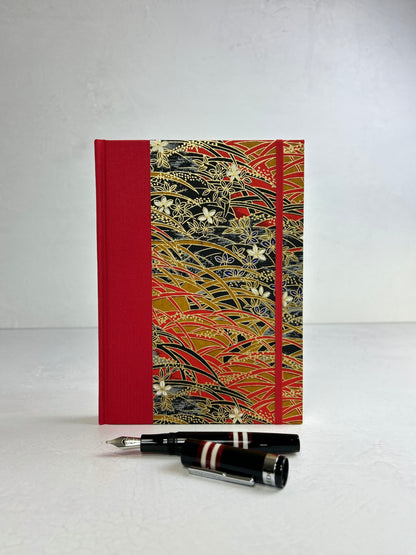 A5 160-page Hardcover Journal finished in Red Italian Verona book cloth and Vintage Floral Chiyogami Paper
